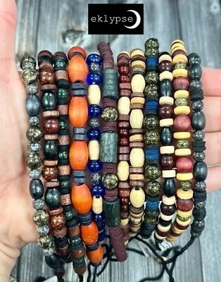 Set Of 12 Wood Beaded Men Colorful Bracelets Adjustable Light & Comfortable • $10.99