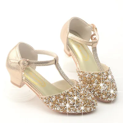 £7.59 • Buy Girls Diamante Shoes Wedding Party Bridesmaid Low Heel Mary Jane Evening Sandals