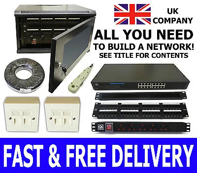 6U Network Kit! 300mm Wall Cabinet 6 Way PDU Tool Tidy Bars RJ45 Boxes • £193.59