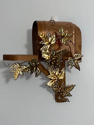 Vintage HOMCO Home Interiors Copper & Wood Mailbox Shelf W/Brass Leaves 11-1/2  • $18.89