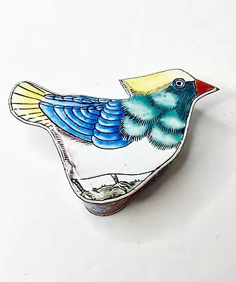 Vintage Enamel Bird Trinket Box Copper Metal Ring Jewelry Storage FINCH Shaped • $26.99