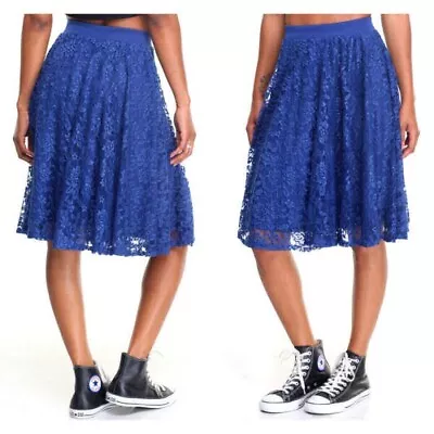 New VELVET SKY Lace LINED Skater Size L SKIRT Pull On SWING A-Line KNEE Cobalt • $19.82