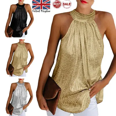 Women Glitter Strappy Halter Neck Cami Vest Evening Party Tops Sleeveless-Blouse • £7.50