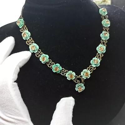 Michal Negrin Necklace Green Roses Enamel & Swarovski Crystals Vintage Gift New • $79.20