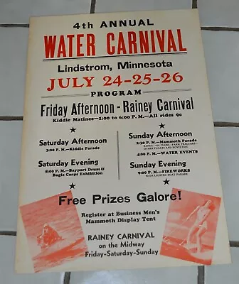 Vintage 1950's Lindstrom Minnesota Water Carnival Poster Water Skiing Gal  • $74.99