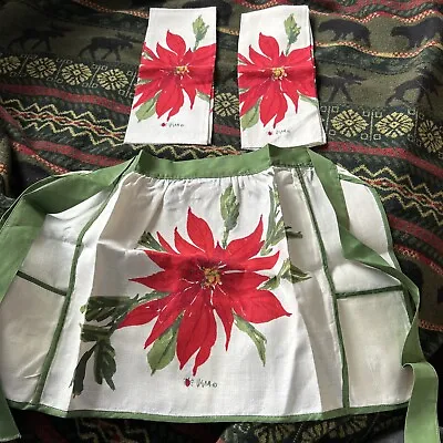Vintage Vera Neumann Christmas Poinsettia Apron And 2 Linen Kitchen Towels • $45
