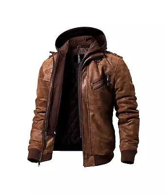 Motorcycle Brown Cowhide Biker Leather Jacket With Removable Hood (Large Size) • $139