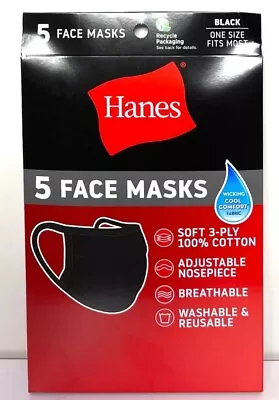 5 Pack Hanes Face Masks - Black Cotton Reusable Cover Face Mask Cloth Facemask • $5.99