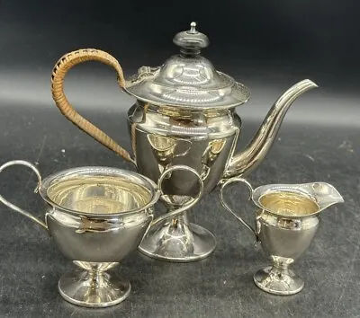 Vintage Silver Metal Coloured Tea Set Teapot With Wicker Handle Sugar Bowl  Jug • £22.75