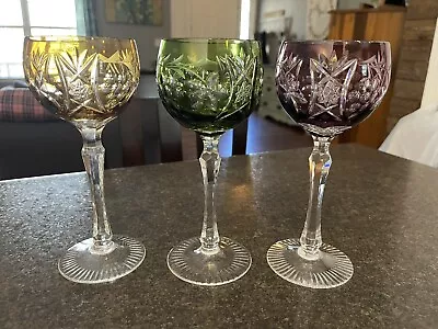 Bohemian Crystal Vineyard Grape HocK Glasses Wine Glass Set 3 Colored Vtg Lot • $150