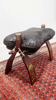 VTG Egyptian Camel Saddle Seat Ottoman Foot Stool Black Leather Wood Bench Boho  • $300