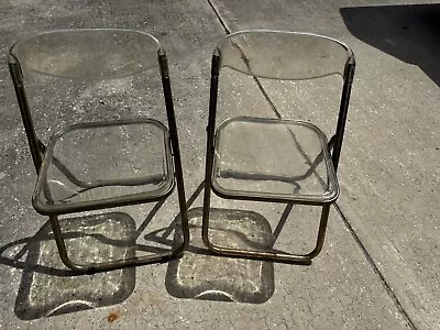 Vintage Set Of 2 Mid Century Clear Lucite /Acylic Folding Chairs 31 By 18 By 15 • $174.99