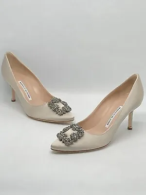 Manolo Blahnik Hangisi 70 Embellished Satin Pumps Size 37.5 • $799