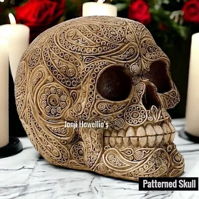 Skull Sculpture Ornament Gruesome Patterned Gothic Pagan Wiccan Home Art Decor • £14.90