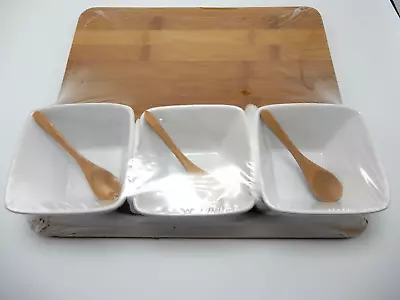 New Core Bamboo 7 Pc Square Entertainment Set Natural/White Ceramic Bowls Spoons • $34