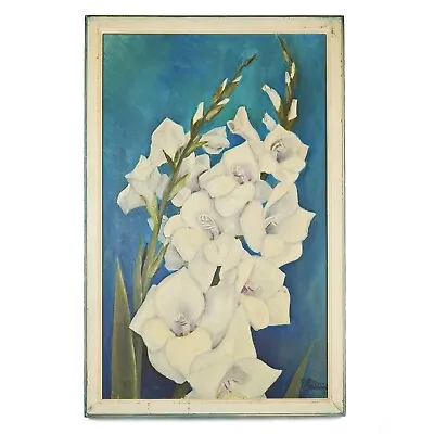 Vintage 1940's 'White Gladiolus Flowers' Oil On Canvas Painting • $75