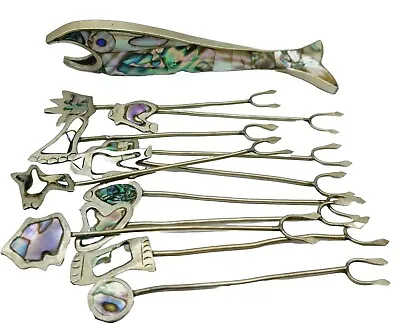 ABALONE MOTHER OF PEARL Mexico Silver Fish Bottle Opener & Hors D'oeuvre Picks • $44.18