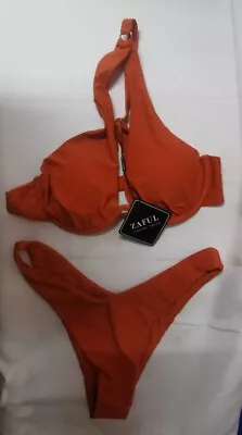 BNWT Ladies ZAFUL Autumn Orange Halter Neck Bikini UK S - CG I05 • £7.99