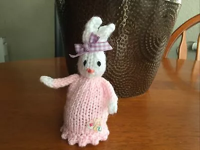 Hand Knitted Easter Bunny Cream Egg Cosy Cover White Rabbit Pink Dress OOAK • £4.99