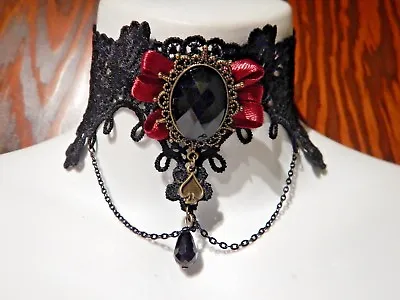 QUEEN OF SPADES Wide Black Burgundy Bronze Choker Gothic Victorian Necklace O5 • $13.99