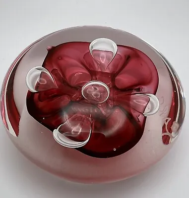 Signed Rollin Karg Art Glass Pink Cranberry Bubble Disk Paperweight Handblown • $39.99