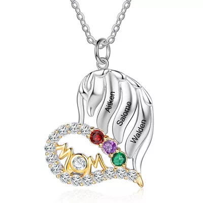 Silver Mom Necklace With Custom Birthstones Heart Pendant - Personalized Gift • $25.99