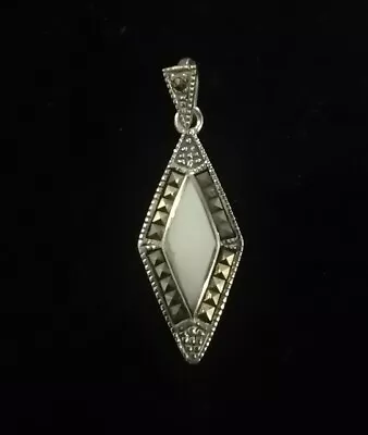 925 Sterling Silver 1.5  Diamond Shape Mother Of Pearl & Marcasite Pendant • $7.65