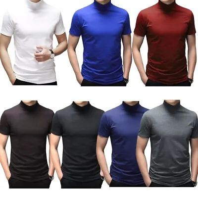 Mens Mock Turtleneck T-shirt Pullover Short Sleeve Solid Slim Fit Top Undershirt • $11.95
