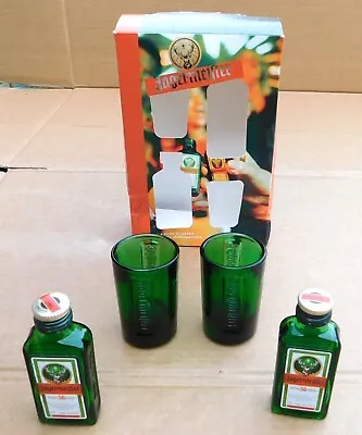 Two Jagermeister 2.5 Cl. Shot Glasses 7 Two Empty Miniature Bottles. Alcohol. • £2