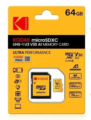 Kodak 64GB TF Micro SDXC Memory Card UHS-1 U3 V30 A1 Class 10 With SD Adapter • $9.95
