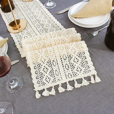 Vintage Cotton Lace Table Runner Tassel Crochet Table Cloth Tableware Cover Home • £9.11