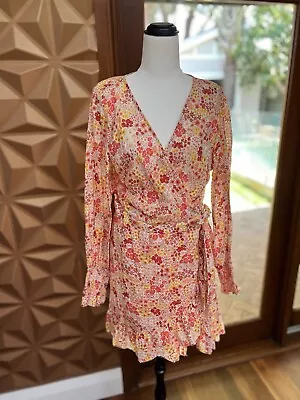 Tigerlily Orange Pink Floral Cotton Wrap Dress With Slip Sz 14 Worn Once • $39