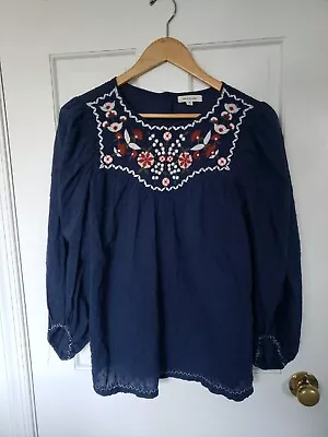 Max Studio Top Medium Boho Style Embroidered Navy 3/4 Sleeve  • $22