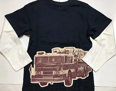 NWT GYMBOREE Boy Navy Blue Long Sleeved Shirt FIRE TRUCK Graphic Tee SZ 5 *20 • $4.99