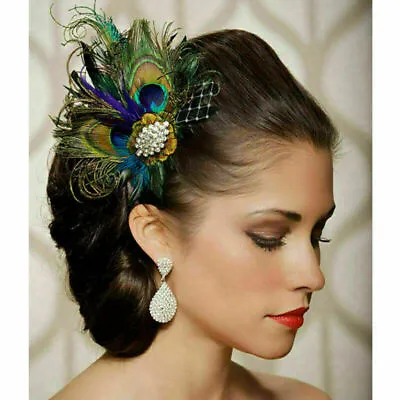 Peacock Feather Fascinator Hair Clip Wedding 20's Party Vintage Headpiece • £6.39