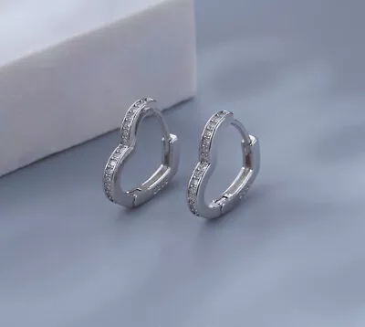 Crystal Heart Hoop Stud Earrings 925 Sterling Silver Womens Girls Jewellery Gift • £3.49