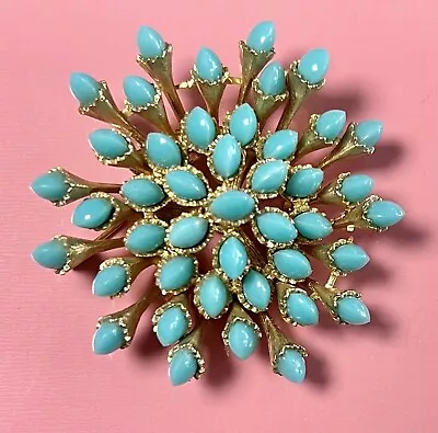 Vintage Joseph Mazer Jomaz Brooch Goldtone Turquoise Lucite • $50