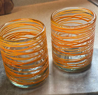 Mexican Hand Blown Glass Tumblers Orange Applied Swirl Spiral 4  Set Of 2 UNUSED • $13