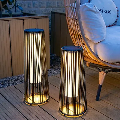 Black Rattan Outdoor Solar Powered Floor Lamp Lantern Light Garden Patio Path • £39.99