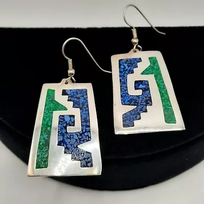 Mexican Alpaca Dangle Earrings Dyed Stone Chip Inlay Aztec Design Southwestern • $4