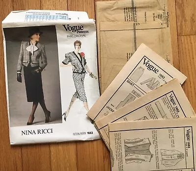 Vtg Vogue Sewing Pattern Paris Original Nina Ricci Jacket Skirt Sz 12 Uncut 1663 • $11.99