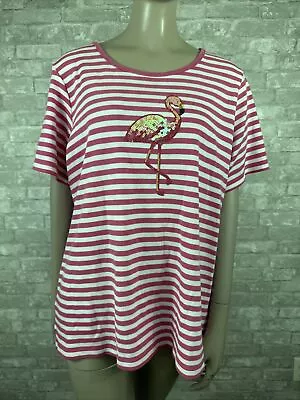 Quacker Factory Medium Pink White Striped Flamingo Short Sleeve Shirt  • $14.99