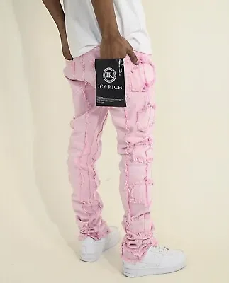Pink Side Stripes Skinny Jeans Acids Washed Denim Men Pants Size: 30 • $122
