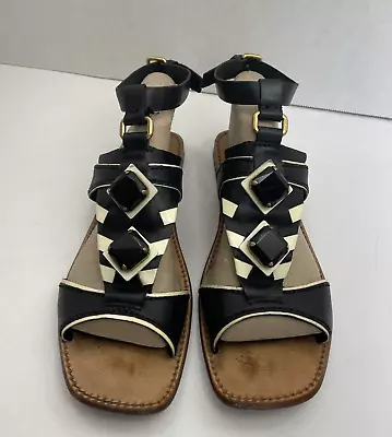 Miu Miu Vintage Italy Womens Rhinestone Leather Flat Sandals Black Size 39.5/9 • $99.99