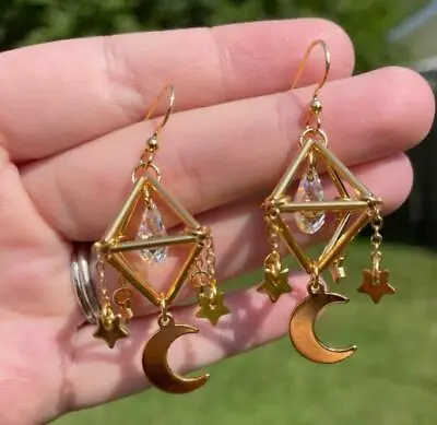 $4.41 • Buy Geometric Crystal Earrings - Astrology Earrings - Suncatcher Earrings-Moon Star