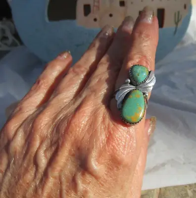 Vintage Native American Navajo Sterling Silver Ring Size 7 Green Turquoise Leaf • $89