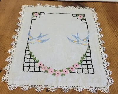 Vintage Handmade Table Doily Scarf Bluebirds Flowers 12 1/2  X 10  Cottage Chic • $12.95