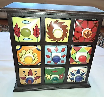 Vintage Tabletop Desktop Mini Chest Of 9 Drawers  Wood & Ceramic Floral • $95