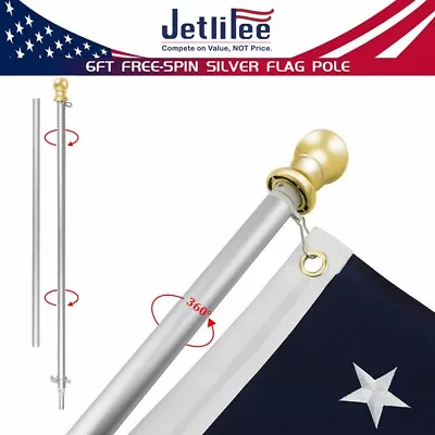 Jetlifee 6FT 360° Tangle Free Flag Pole W. Gold Ball Heavy Duty Aluminum Silver • $19.94