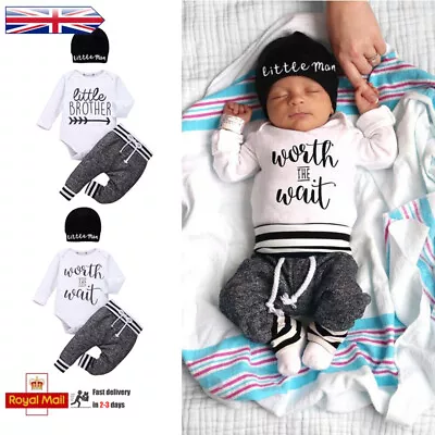 Newborn Infant Baby Boys Clothes Print Romper Jumpsuit Tops Pants Hat Outfits • £11.99